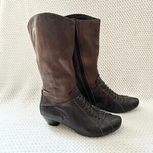 Think! Brown Leather Faux Lace Up Victorian Western Mid Calf Zip Up Boots 37.5